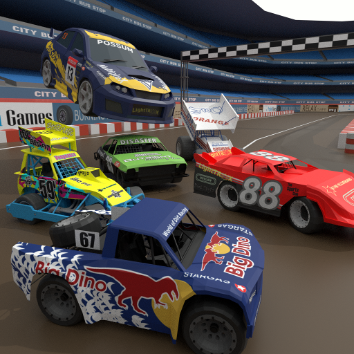 In World of Dirt Racing APK, numerous dirt racing motors are shown racing fast along a dirt oval circuit.