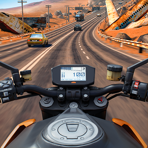 Moto Rider GO APK screenshot of a motorbike race on a high road