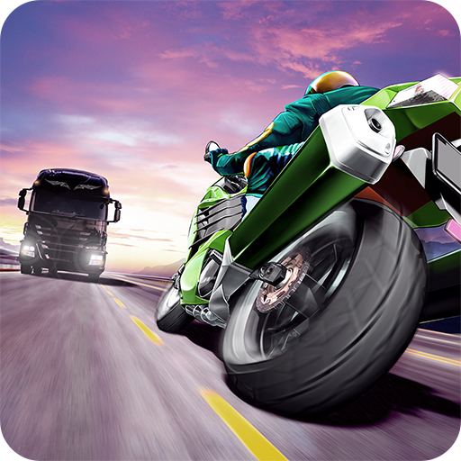 The dynamic cityscape of Traffic Rider APK features a motorbike racing through the traffic.