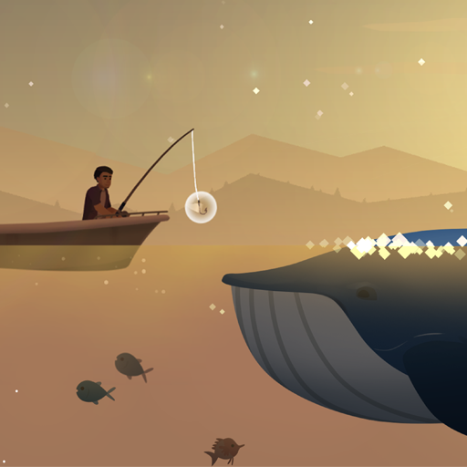 A serene fishing scene includes a fishing line, a quiet lake, and a lovely sunset in the distance.