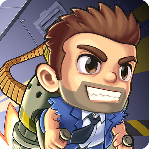 Picture of the game play from Jetpack Joyride 2, showing Barry making use of his jetpack to escape obstacles and fight adversaries.