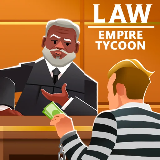 A screenshot of the Law Empire Tycoon APK displaying courtroom scenes, legal professionals, and users