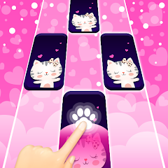 A colorful snapshot of the Catch Tiles Magic Piano game, which features cute cat piano gamers.